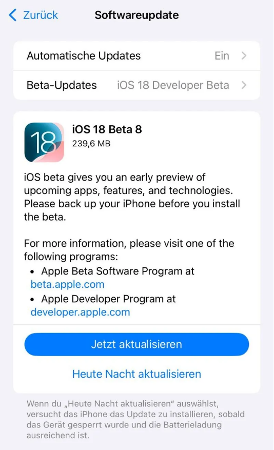 济宁苹果手机维修分享苹果 iOS / iPadOS 18 开发者预览版 Beta 8 发布 